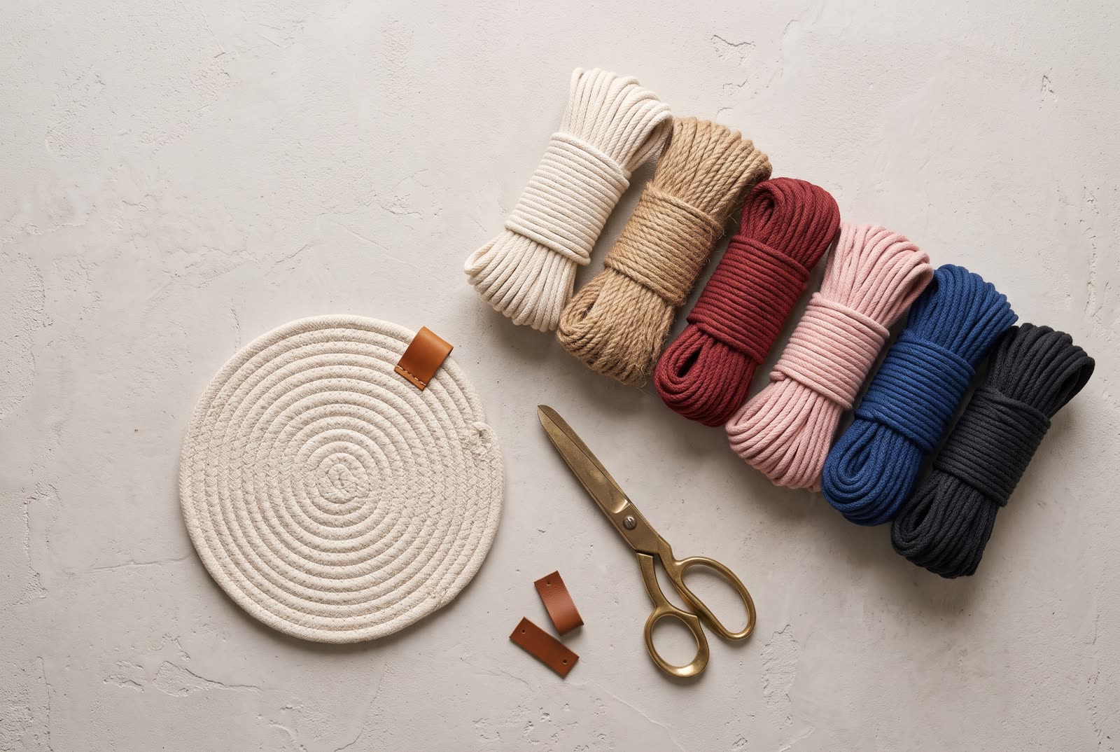 Rolos de corda de algodão em cru, juta, marsala, rosa, azul e preto ao lado de um sousplat
