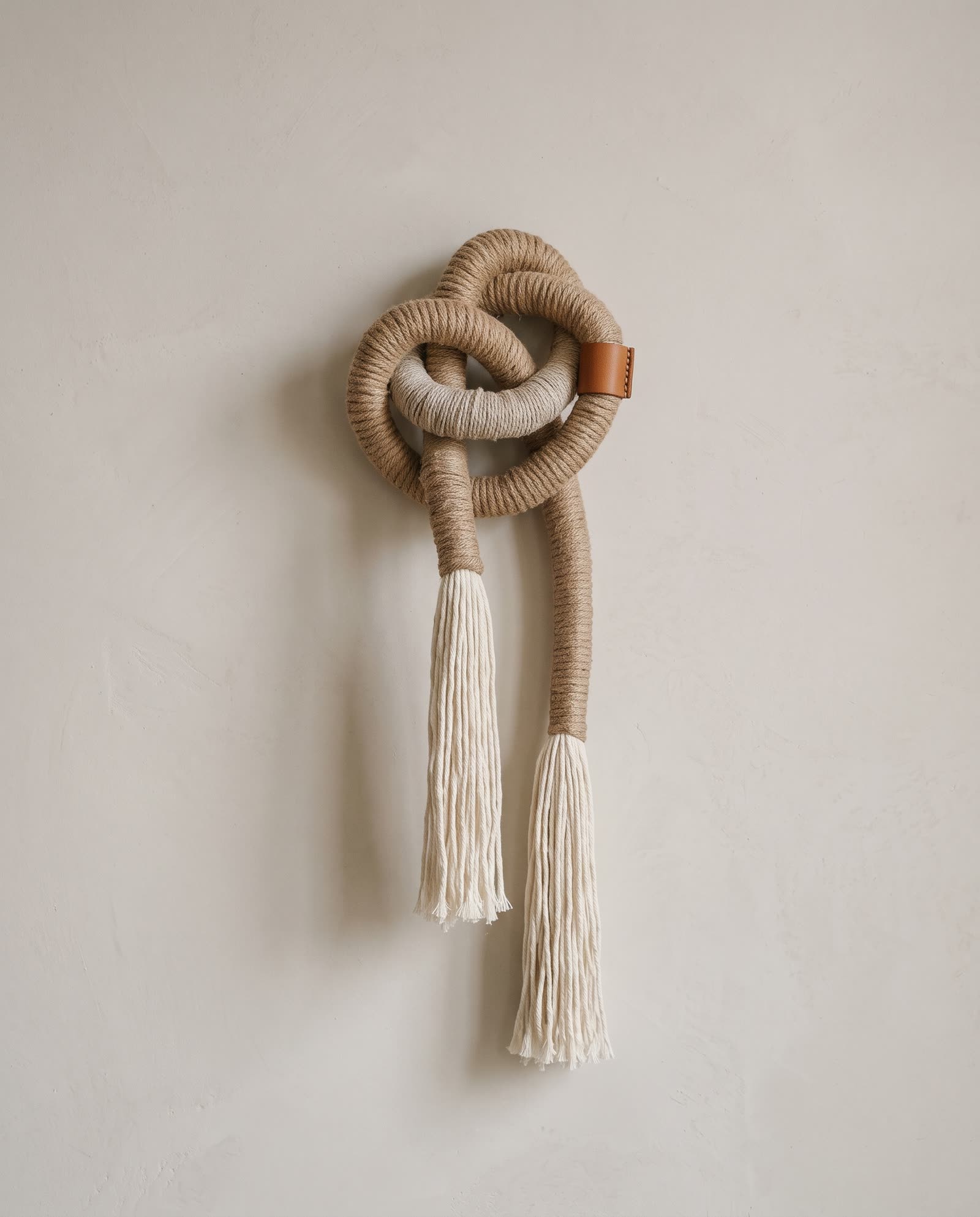 Nó decorativo de corda com franjas de algodão pendurado na parede